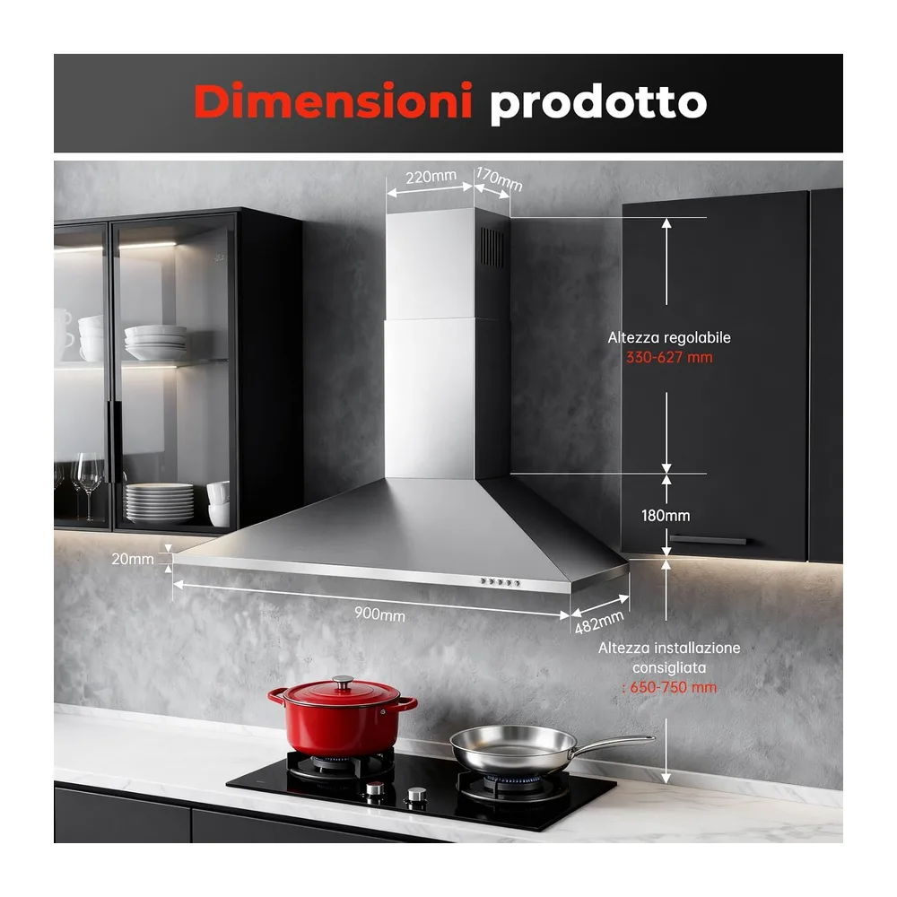 SNDOAS Cappa Cucina 90cm, 450 m³/h Cappa Aspirante con Scarico/Ricircolo, A+++ Cappa 90cm, Filtro a Carboni — 4