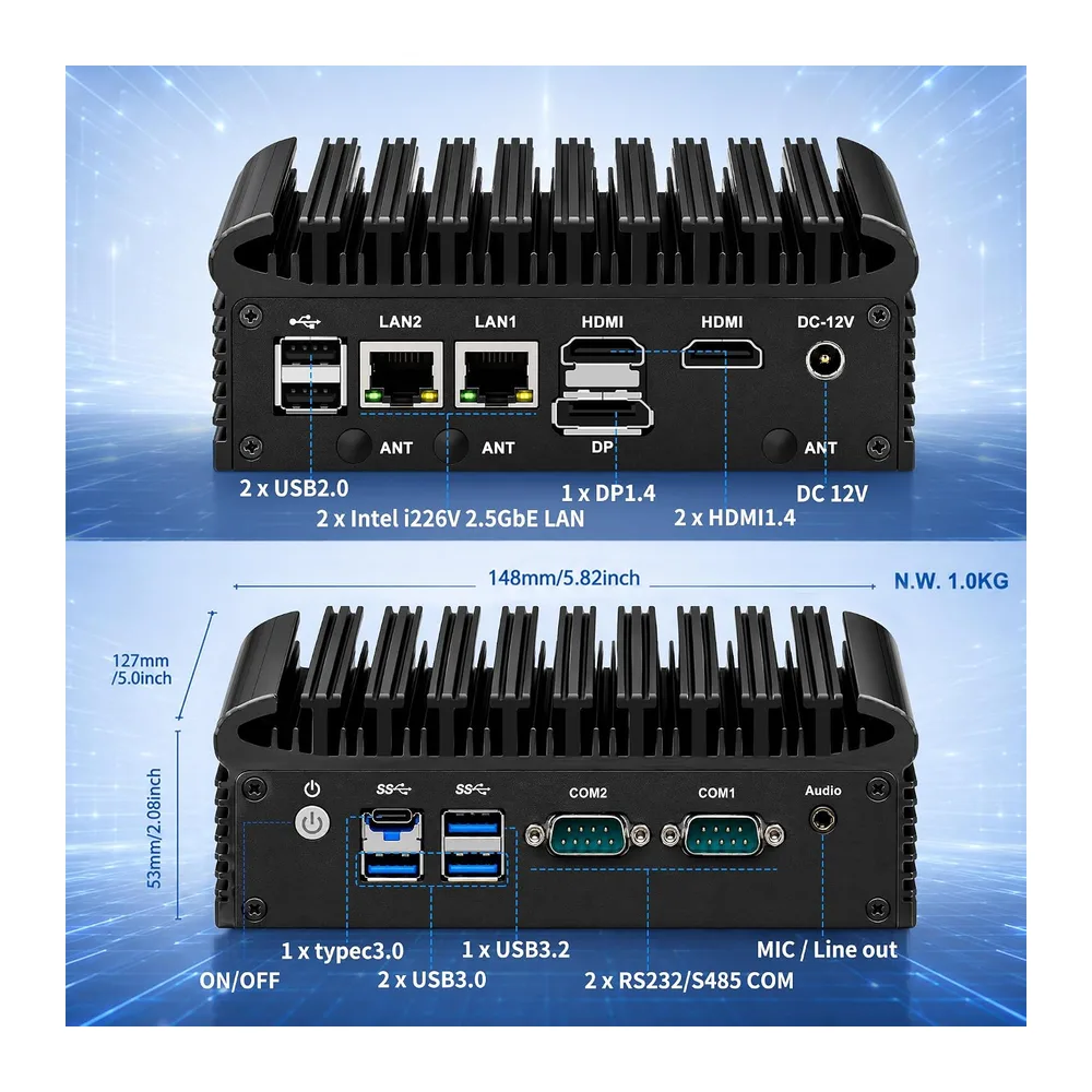 CWWK Mini PC Fanless Industrial N100, Dual 2.5 GbE i226-V, 2x RS232/RS485 COM, Micro Embedded Mini Computer — 4