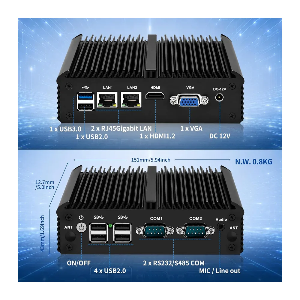 CWWK Mini PC Fanless Industrial N2840, 2x RS232/RS485 COM, 2 x Gigabit LAN, Micro Embedded Mini Computer Box, — 4
