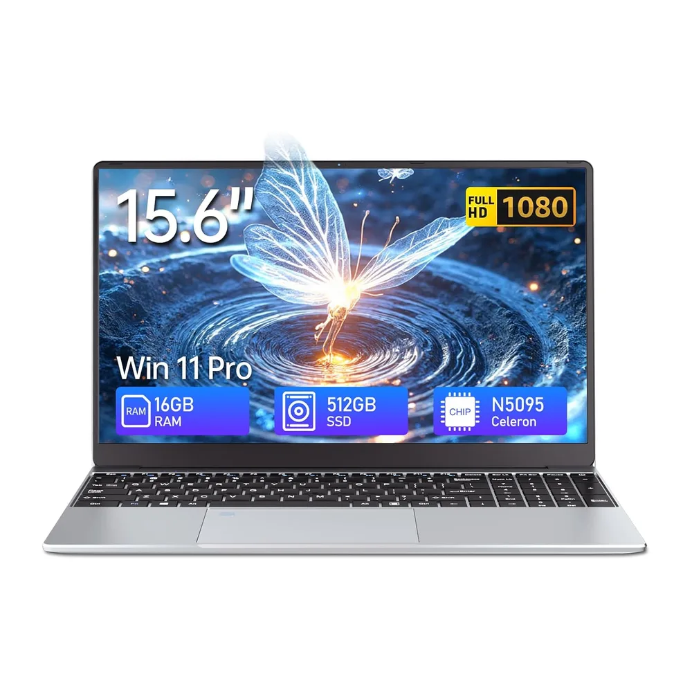 15,6" Notebook, Win 11 PC Portatile 16GB RAM 512GB SSD, Celeron N5095 CPU, 180° Opening and Closing Schermo,