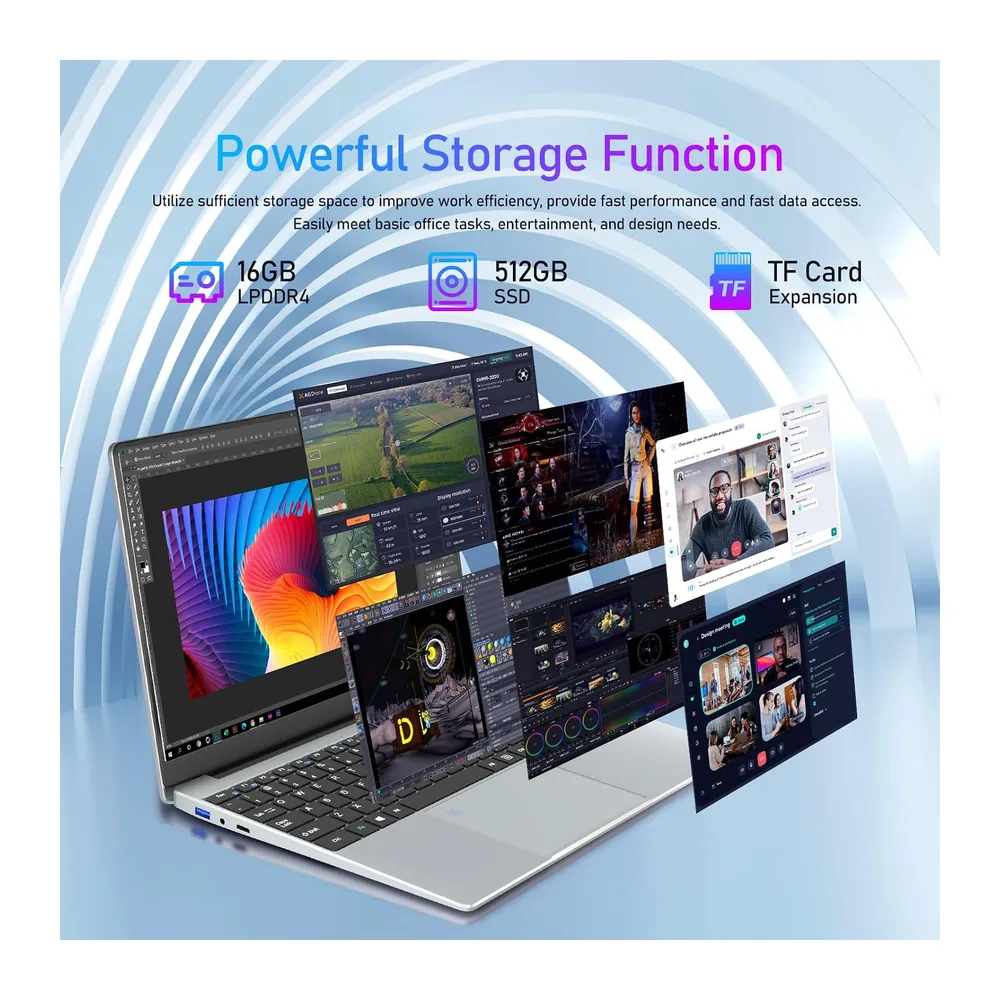 15,6" Notebook, Win 11 PC Portatile 16GB RAM 512GB SSD, Celeron N5095 CPU, 180° Opening and Closing Schermo, — 4