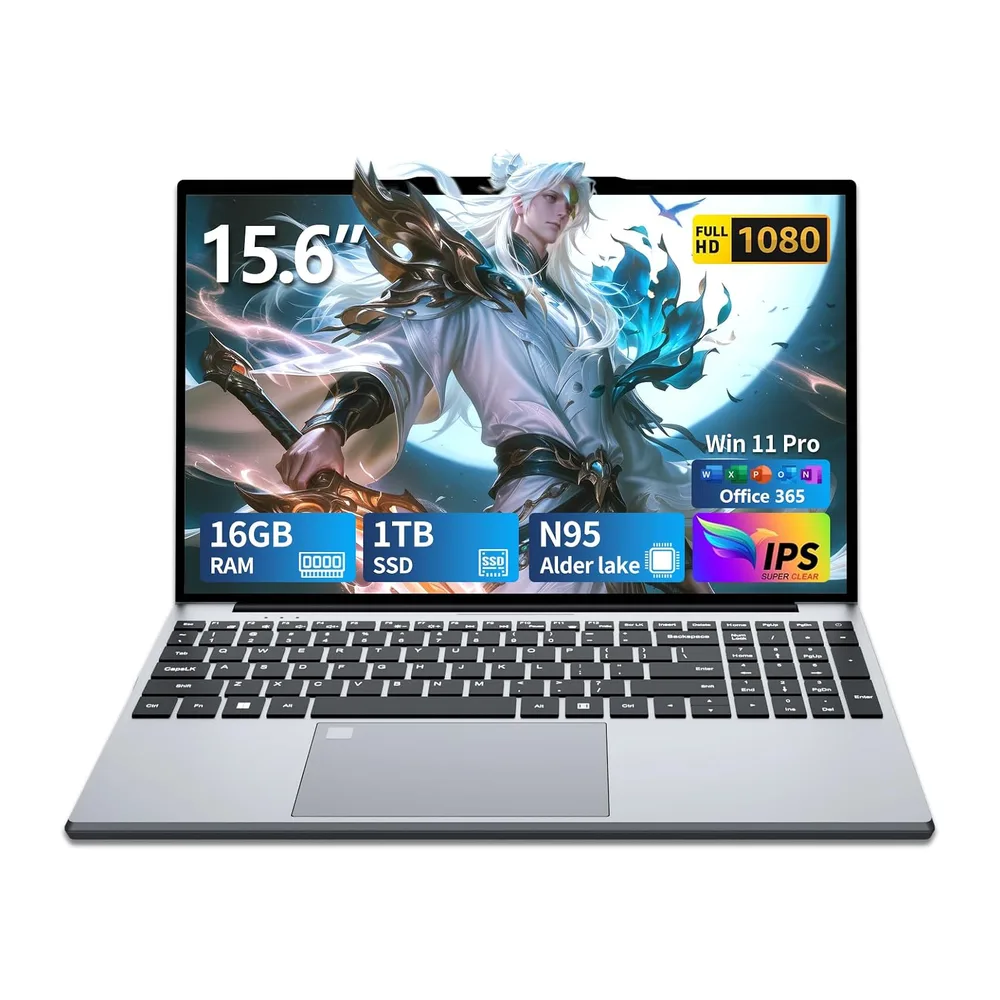 Win11 Notebook, 15.6 Pollici PC Portatile 16GB RAM DDR4 1TB SSD, 180° Flip FHD 1080P Laptop Office 365,