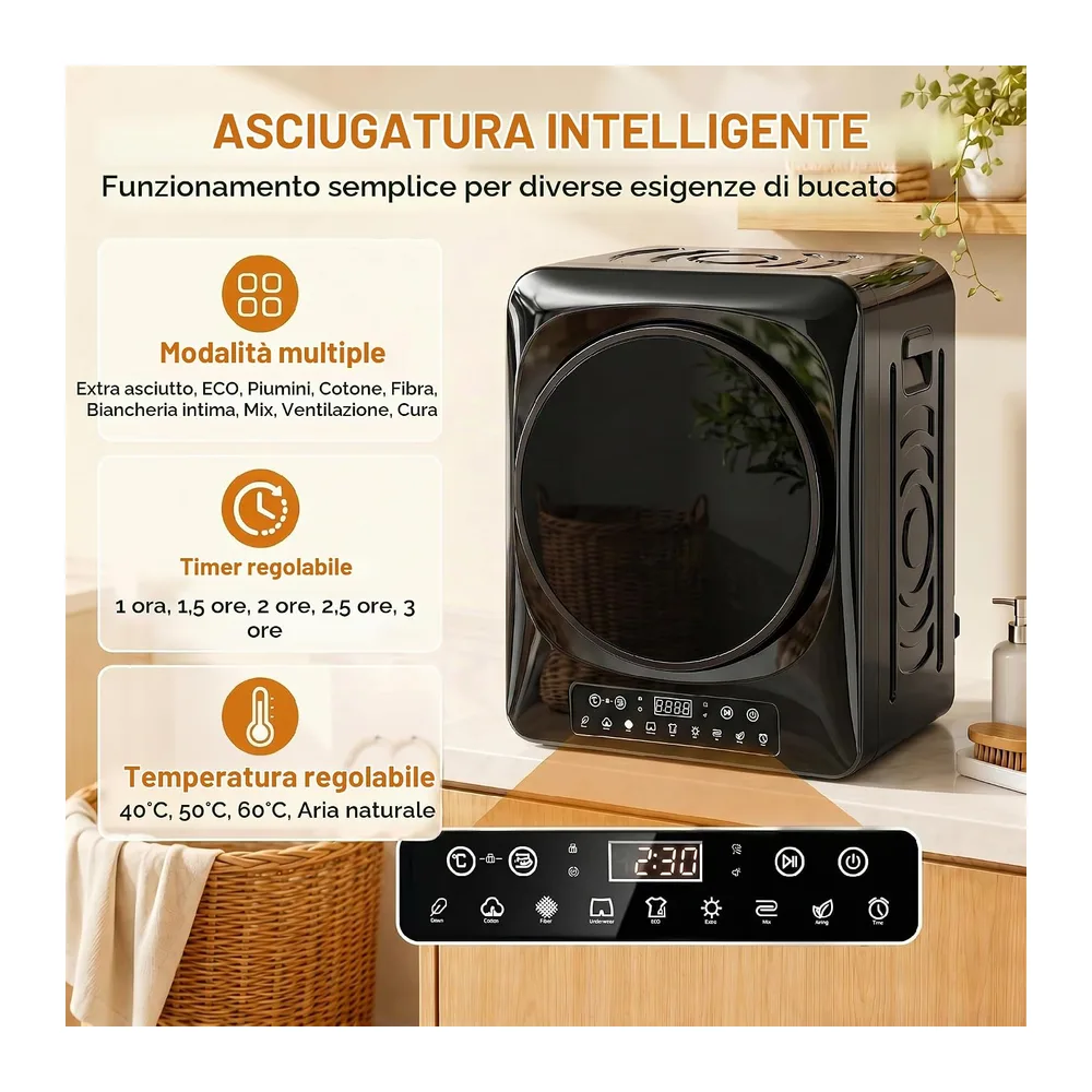 HOMCOM Mini asciugatrice senza scarico 5kg 9 programmi 1000W Nero [Classe di efficienza energetica G] — 3