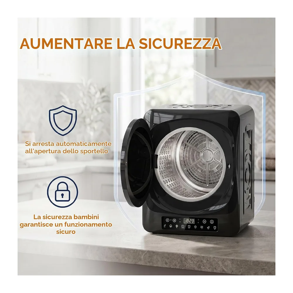 HOMCOM Mini asciugatrice senza scarico 5kg 9 programmi 1000W Nero [Classe di efficienza energetica G] — 6