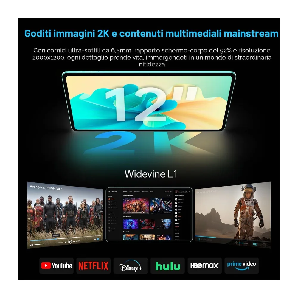 ODEA Tablet 12" Android15, 128GB IPS 2000x1200, 8000mAh 8+13MP con Custodia — 3