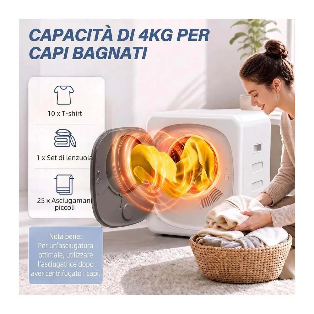 HOMCOM Mini Asciugatrice Portatile 2.5 kg 5 Programmi 800W 60℃ Bianco [Classe di efficienza energetica G] — 3