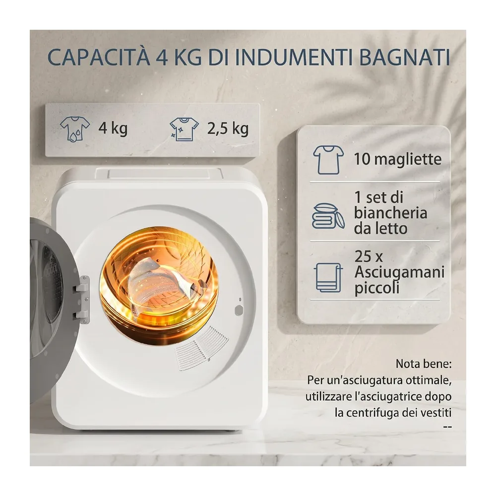 HOMCOM Mini Asciugatrice Portatile 2.5 kg con Display LED 800W Timer Bianco [Classe di efficienza energetica — 4