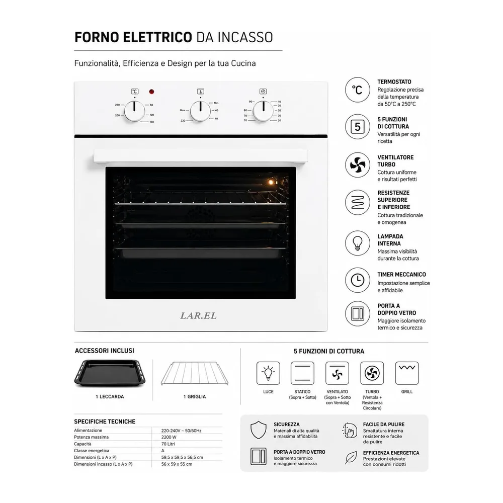 Forno da Incasso BIANCO LAR.EL 60 cm Elettrico Ventilato Turbo 5 Funzioni con Termostato Timer Meccanico Luce — 4
