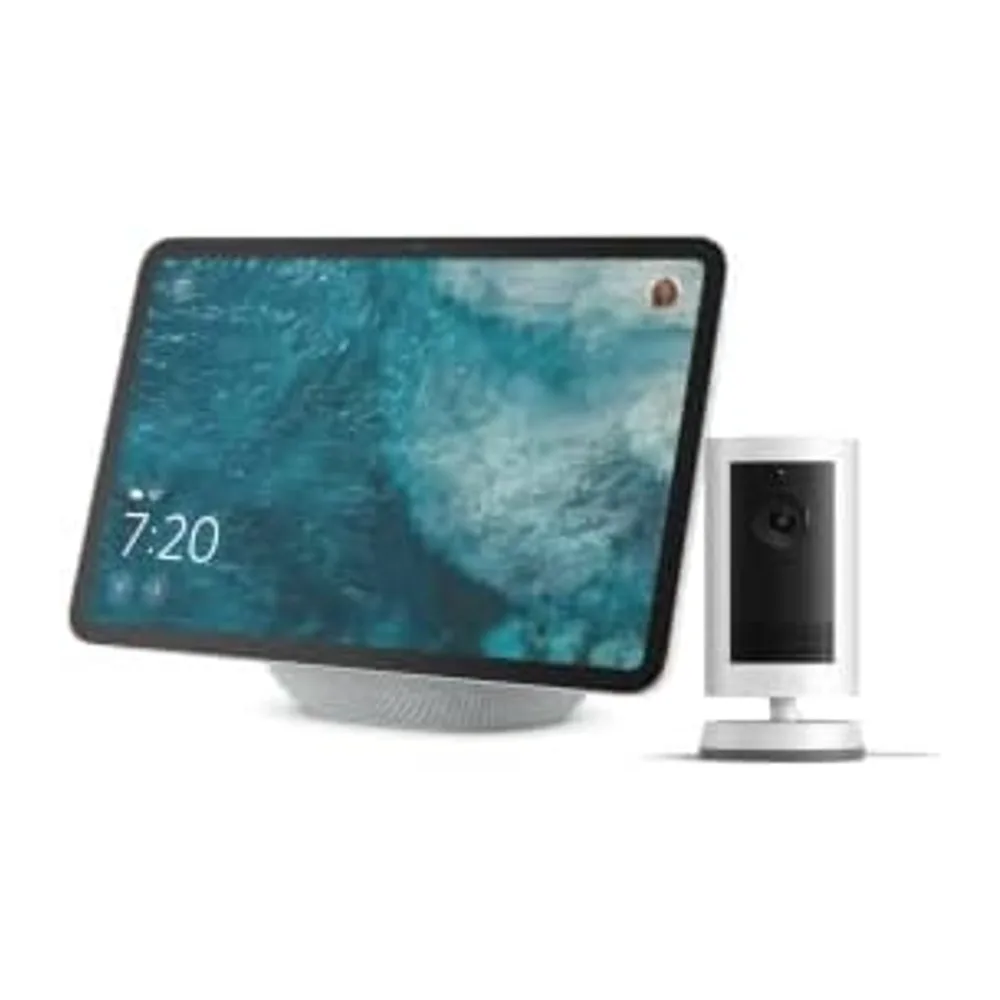 Amazon Echo Show 11 (ultimo modello), Bianco ghiaccio + Ring Videocamera esterna Plus a batteria | Guarda la