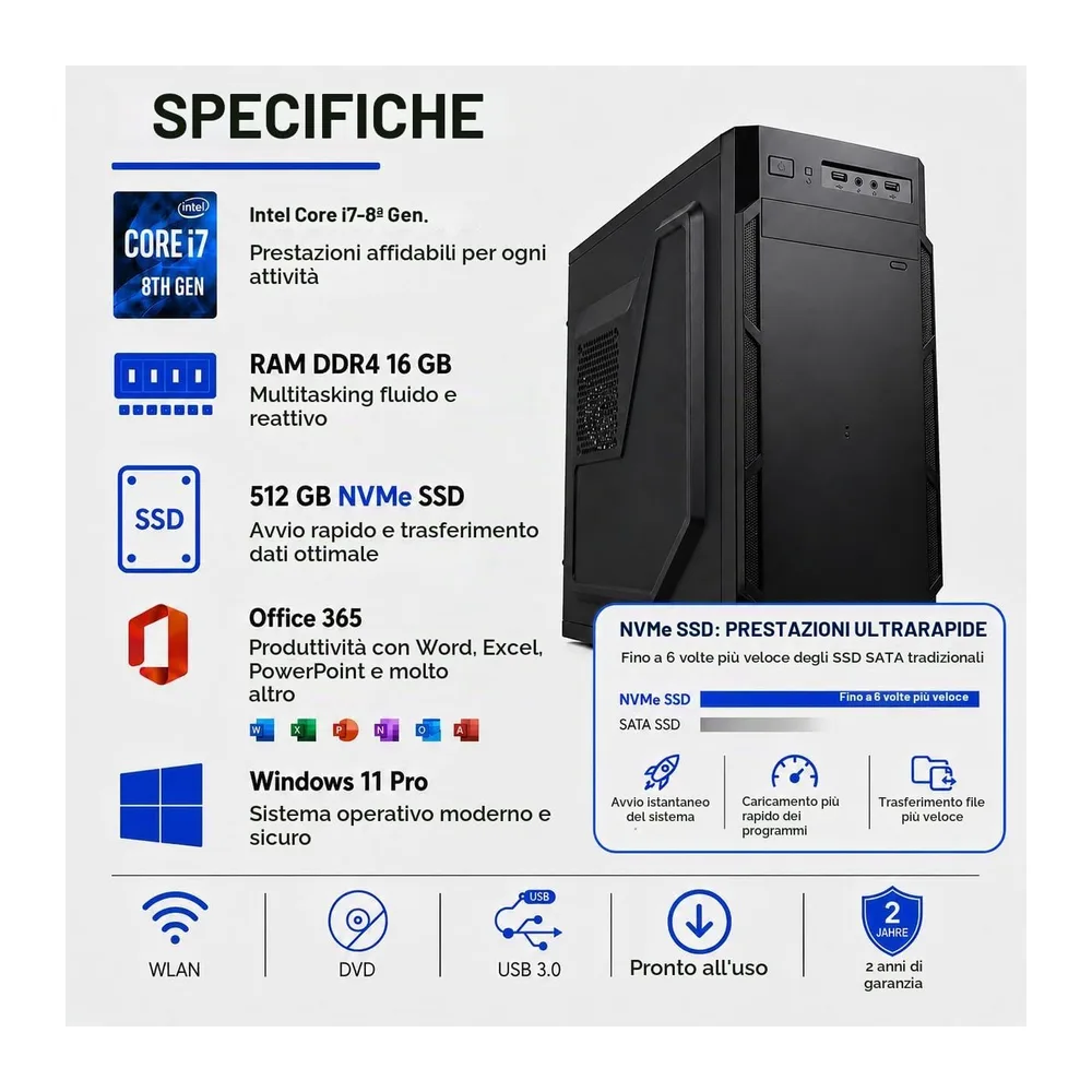 Desktop-PC • Intel Core i7-8700 • 16 GB RAM DDR4 • 512GB SSD nvme • Windows 11 Pro • WiFi • Office 365 • — 3