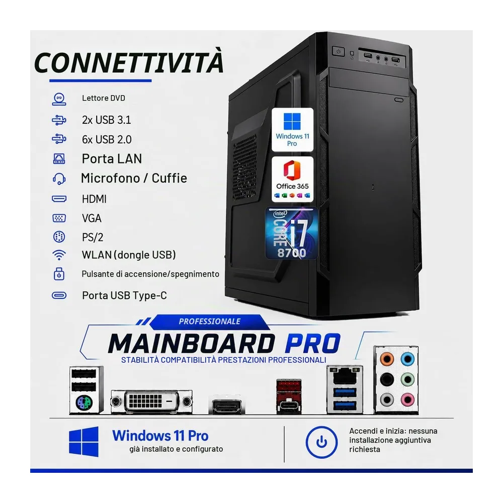 Desktop-PC • Intel Core i7-8700 • 16 GB RAM DDR4 • 512GB SSD nvme • Windows 11 Pro • WiFi • Office 365 • — 4