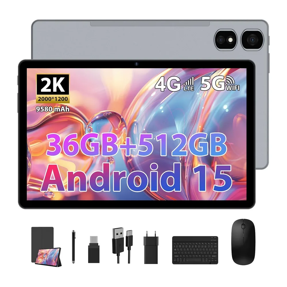 Android 15 Tablet 11 Pollici, 2K Tablet con Tastiera e Mouse, 36GB RAM + 512GB ROM + TF 2TB, 4G LTE SIM + 5G