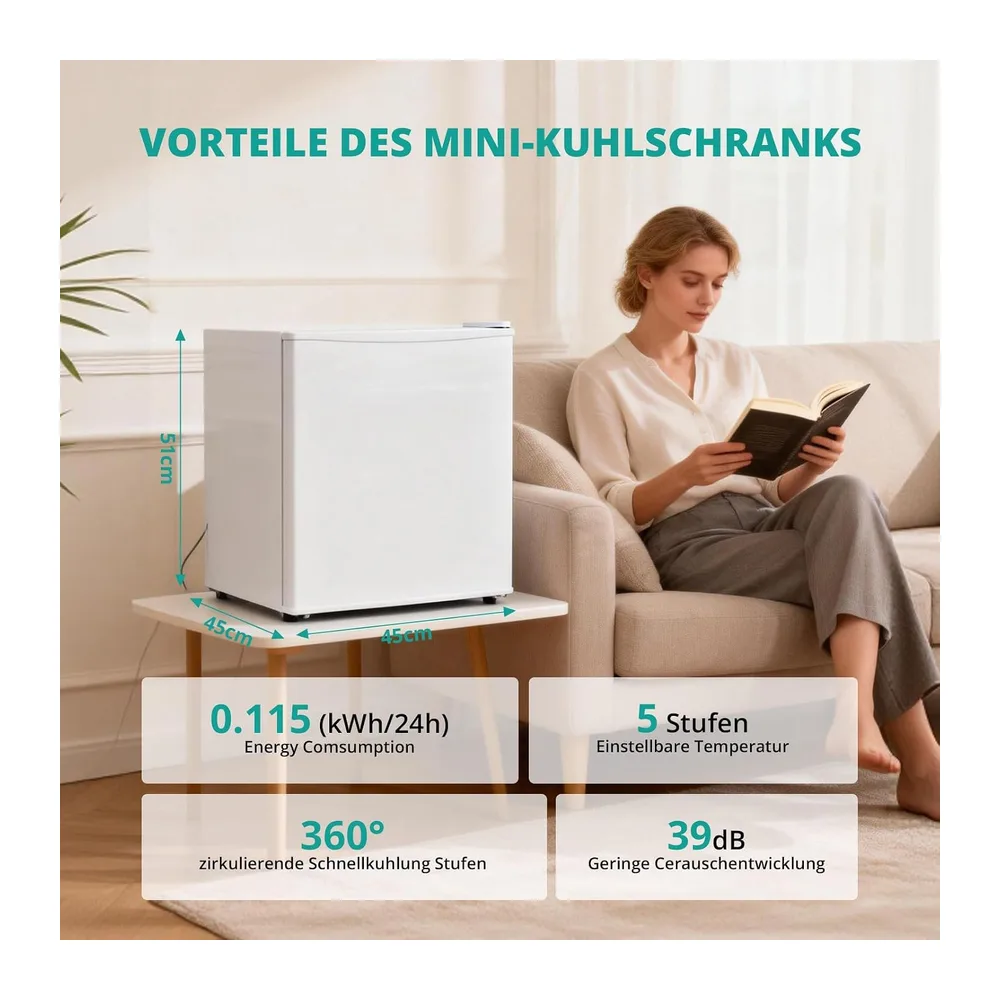 SMETA Frigorifero da 45 l, mini frigorifero bianco, piccolo frigorifero silenzioso, 39 dB, frigorifero per — 5