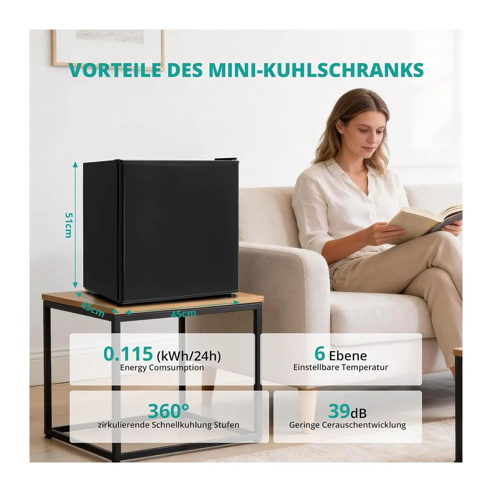 SMETA Frigorifero da 45 l, nero, piccolo frigorifero silenzioso, 39 dB, mini frigorifero a 6 livelli, — 4
