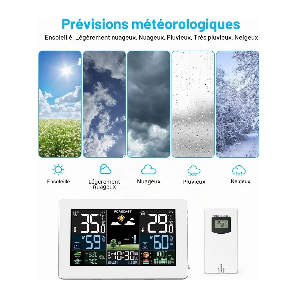 Stazione Meteo Interno Esterno Senza Fili, Schermo a Colori, Previsioni Meteo