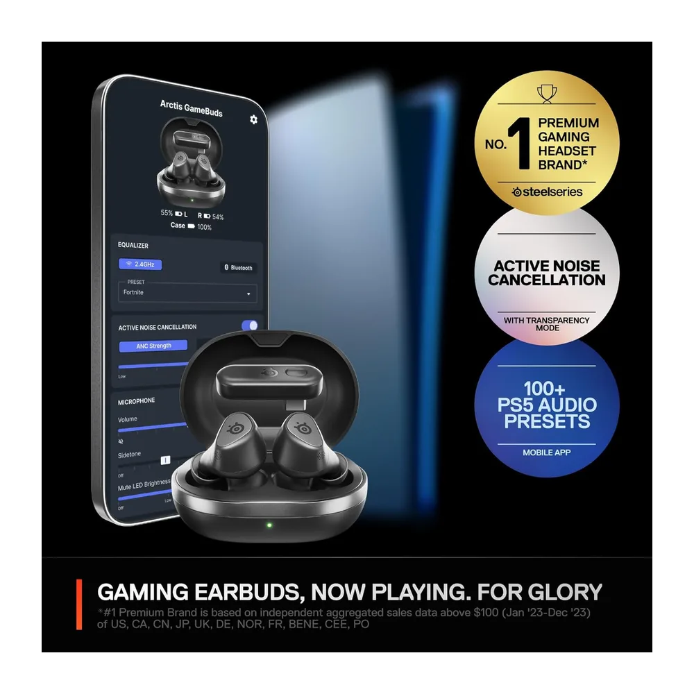 SteelSeries – Arctis GameBuds per PS5 – Auricolari da gioco wireless – 2,4 GHz + BT 5.3 – ANC/Trasparenza – 40H di autonomia – Ricarica wireless – PS5, PC, Switch 2, Mobile – Nero (Rigenerato)